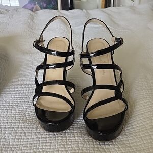 De Blossom Collection Black Platform Sandals with Crisscross Straps